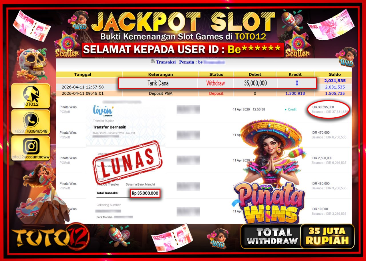 HANYA DI TOTO12 JP PASTI DI BAYAR LUNAS DAN CEPAT!!!!!! JACKPOT SLOT GAME (PINATA WINS) Rp.35.000.000!!!!