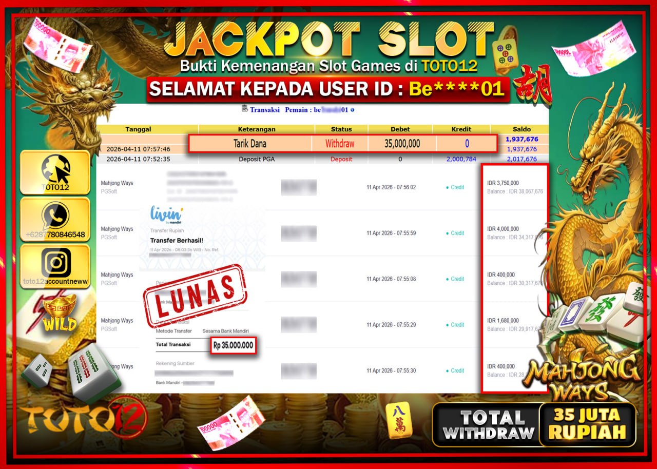HANYA DI TOTO12 JP PASTI DI BAYAR LUNAS DAN CEPAT!!!!!! JACKPOT SLOT GAME (MAHJONG WAYS) Rp.35.000.000!!!!