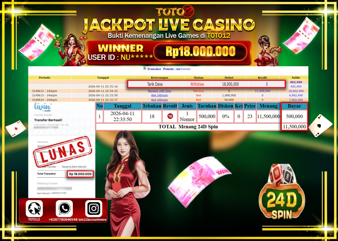 HANYA DI TOTO12 JP PASTI DI BAYAR LUNAS DAN CEPAT!!!!!! JACKPOT LIVE GAMES CASINO (24D) Rp.18.000.000!!!!