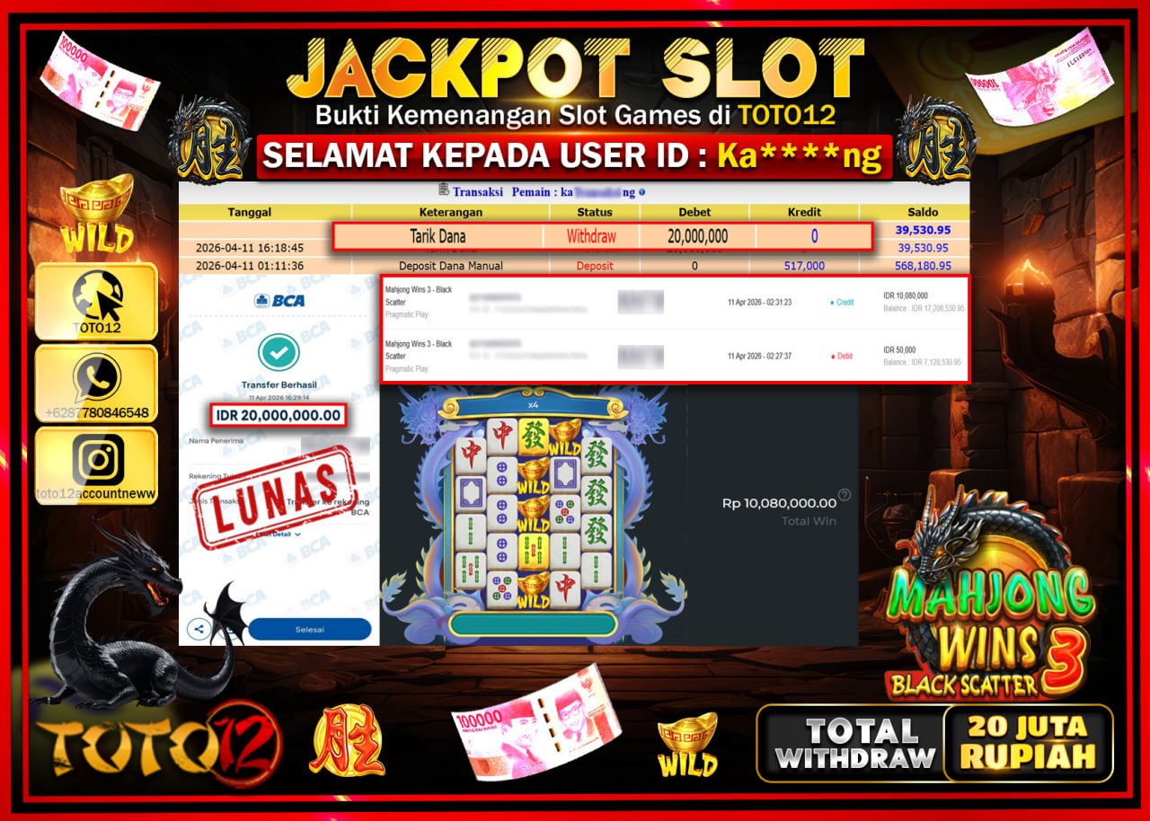 HANYA DI TOTO12 JP PASTI DI BAYAR LUNAS DAN CEPAT!!!!!! JACKPOT SLOT GAME (MAHJONG WINS 3 BLACK SCATTER) Rp.20.000.000!!!!