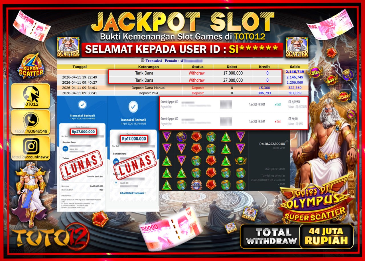 HANYA DI TOTO12 JP PASTI DI BAYAR LUNAS DAN CEPAT!!!!!! JACKPOT SLOT GAME (GATES OF OLYMPUS SUPER SCATTER) Rp.44.000.000!!!!