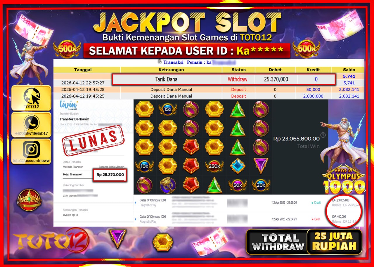 HANYA DI TOTO12 JP PASTI DI BAYAR LUNAS DAN CEPAT!!!!!! JACKPOT SLOT GAME (GATES OF OLYMPUS 1000) Rp.25.370.000!!!!