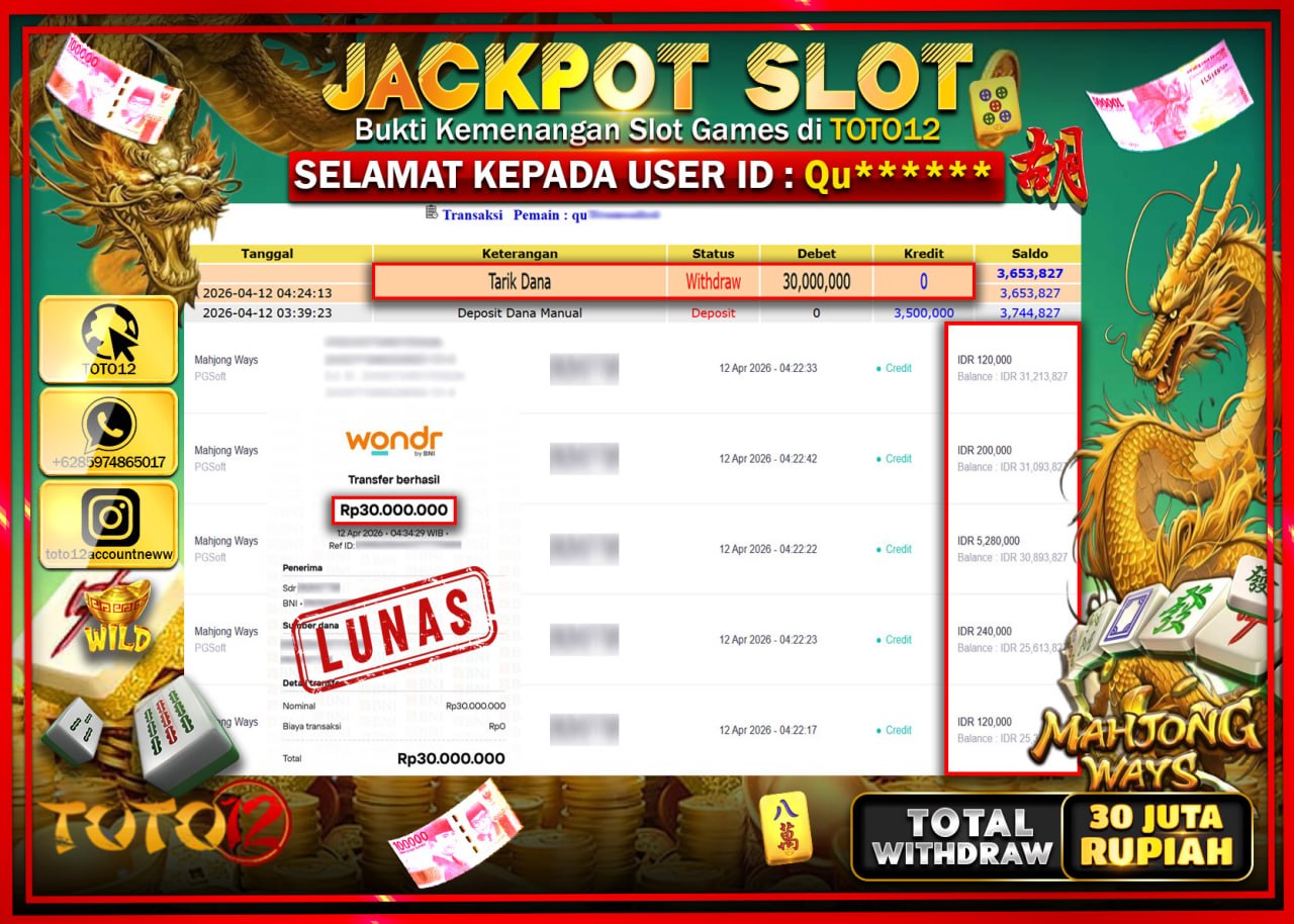 HANYA DI TOTO12 JP PASTI DI BAYAR LUNAS DAN CEPAT!!!!!! JACKPOT SLOT GAME (MAHJONG WAYS) Rp.30.000.000!!!!