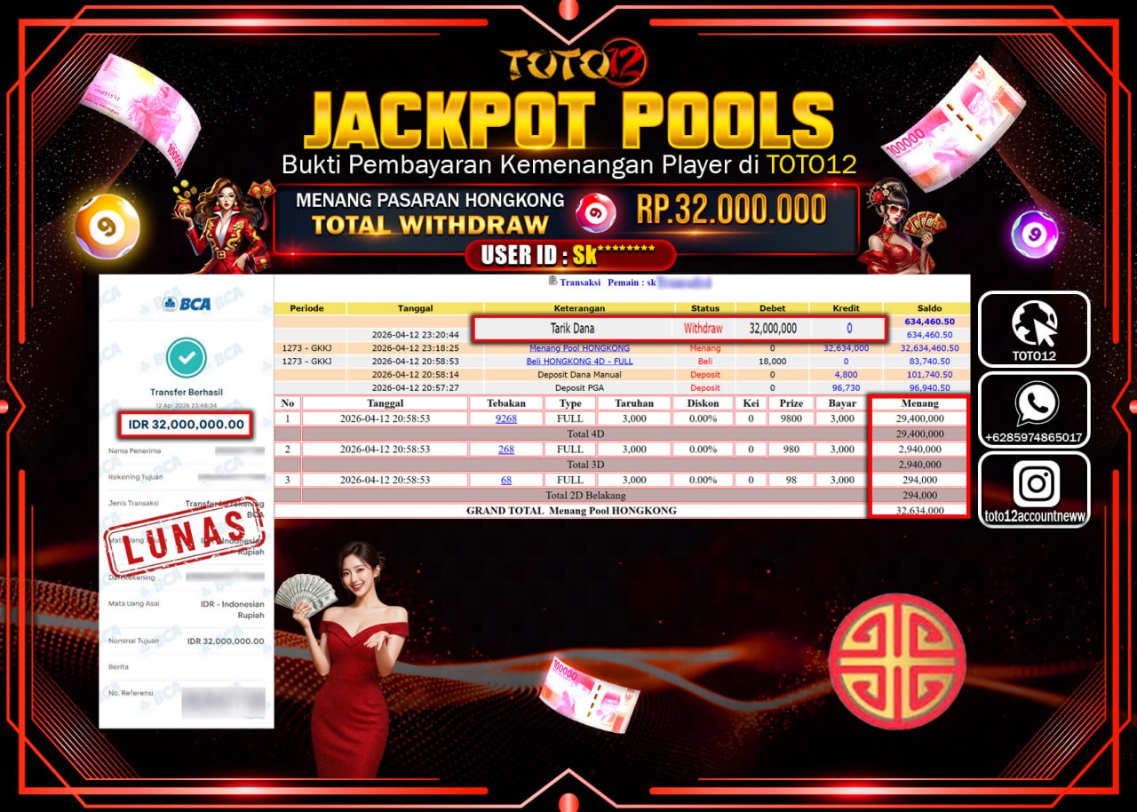 HANYA DI TOTO12 JP PASTI DI BAYAR LUNAS DAN CEPAT!!!!!! JACKPOT POOLS PASARAN( HONGKONG ) Rp.32.000.000!!!!