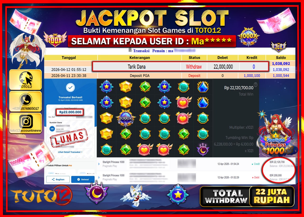 HANYA DI TOTO12 JP PASTI DI BAYAR LUNAS DAN CEPAT!!!!!! JACKPOT SLOT GAME (STARLIGHT PRINCESS 1000) Rp.22.000.000!!!!