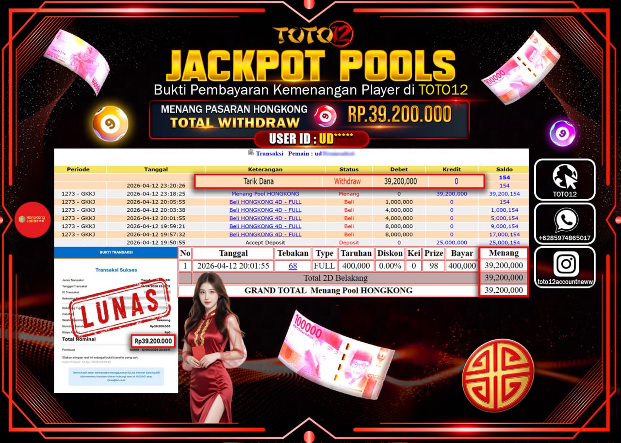 HANYA DI TOTO12 JP PASTI DI BAYAR LUNAS DAN CEPAT!!!!!! JACKPOT POOLS PASARAN( HONGKONG ) Rp.39.200.000!!!!