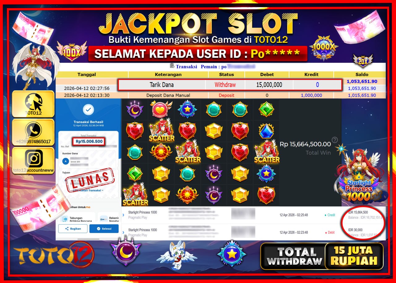 HANYA DI TOTO12 JP PASTI DI BAYAR LUNAS DAN CEPAT!!!!!! JACKPOT SLOT GAME (STARLIGHT PRINCESS 1000) Rp.15.000.000!!!!