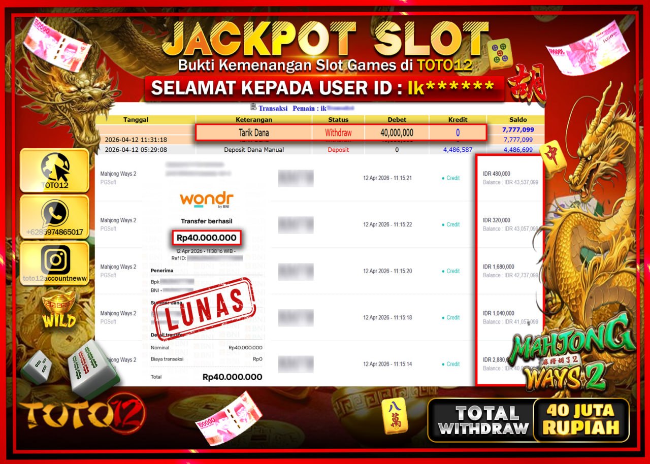 HANYA DI TOTO12 JP PASTI DI BAYAR LUNAS DAN CEPAT!!!!!! JACKPOT SLOT GAME (MAHJONG WAYS 2) Rp.40.000.000!!!!