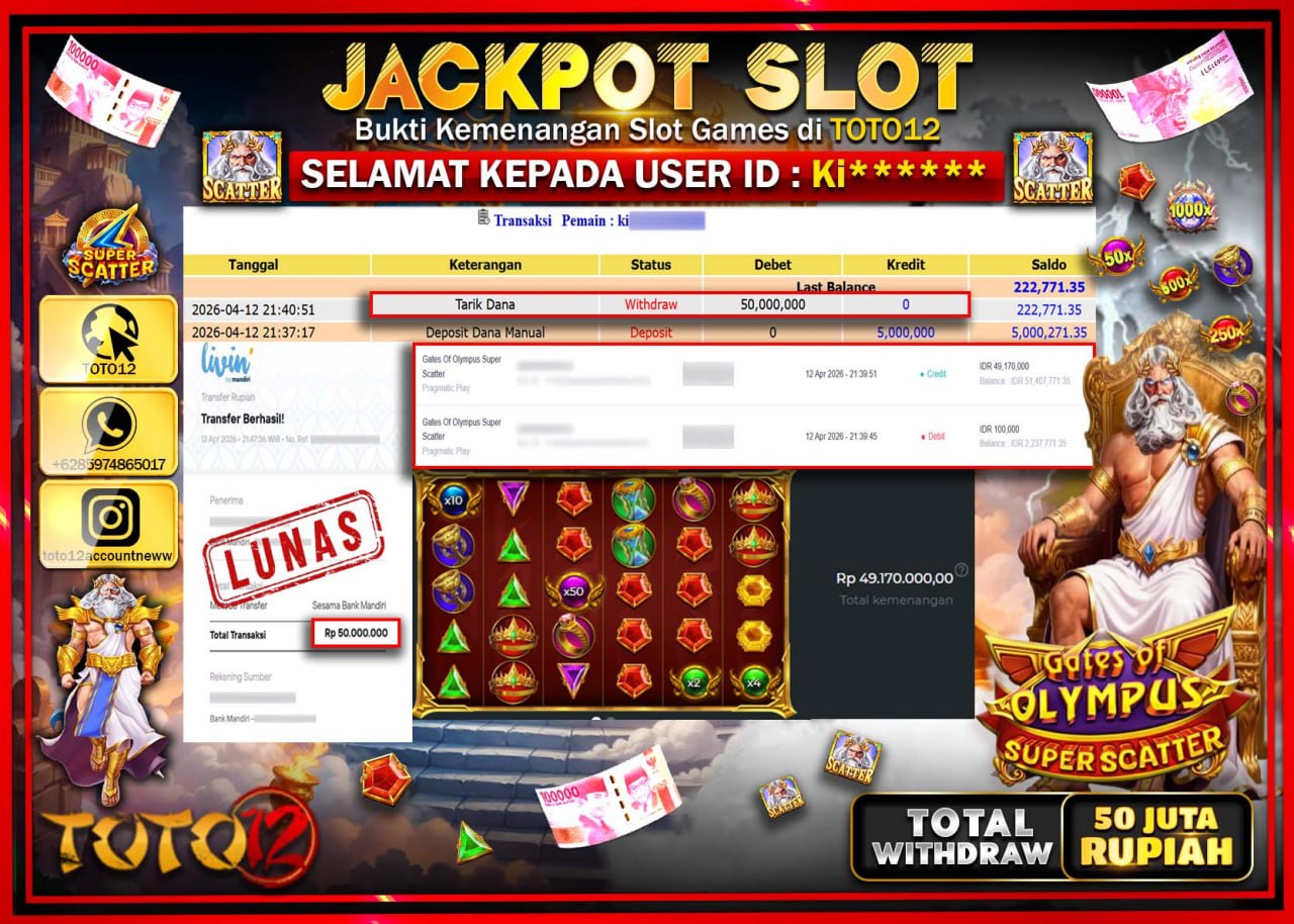 HANYA DI TOTO12 JP PASTI DI BAYAR LUNAS DAN CEPAT!!!!!! JACKPOT SLOT GAME (GATES OF OLYMPUS SUPER SCATTER) Rp.50.000.000!!!!