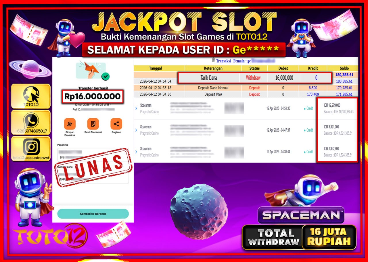 HANYA DI TOTO12 JP PASTI DI BAYAR LUNAS DAN CEPAT!!!!!! JACKPOT SLOT GAME (SPACEMAN) Rp.16.000.000!!!!