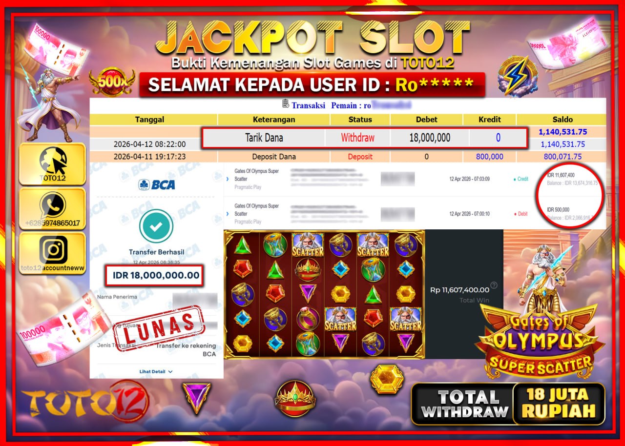 HANYA DI TOTO12 JP PASTI DI BAYAR LUNAS DAN CEPAT!!!!!! JACKPOT SLOT GAME (GATES OF OLYMPUS SUPER SCATTER) Rp.18.000.000!!!!