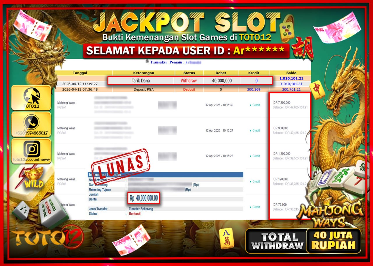 HANYA DI TOTO12 JP PASTI DI BAYAR LUNAS DAN CEPAT!!!!!! JACKPOT SLOT GAME (MAHJONG WAYS) Rp.40.000.000!!!!