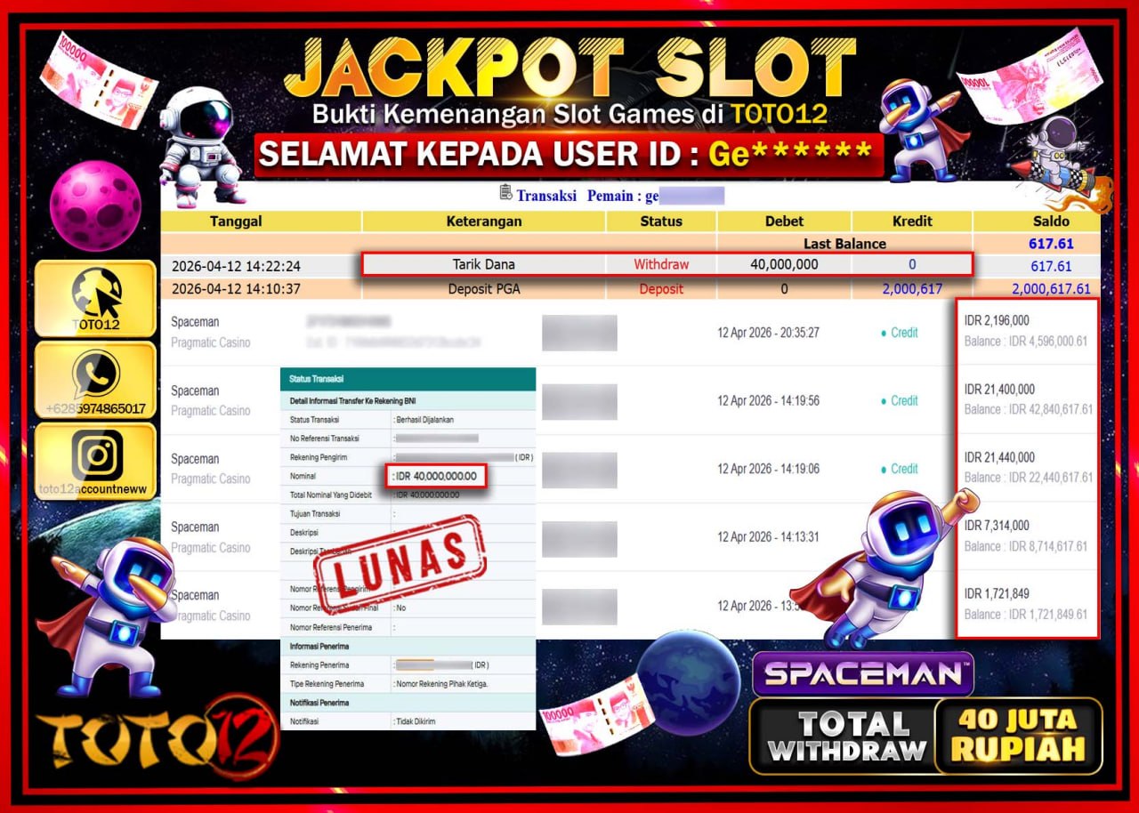 HANYA DI TOTO12 JP PASTI DI BAYAR LUNAS DAN CEPAT!!!!!! JACKPOT SLOT GAME (SPACEMAN) Rp.40.000.000!!!!