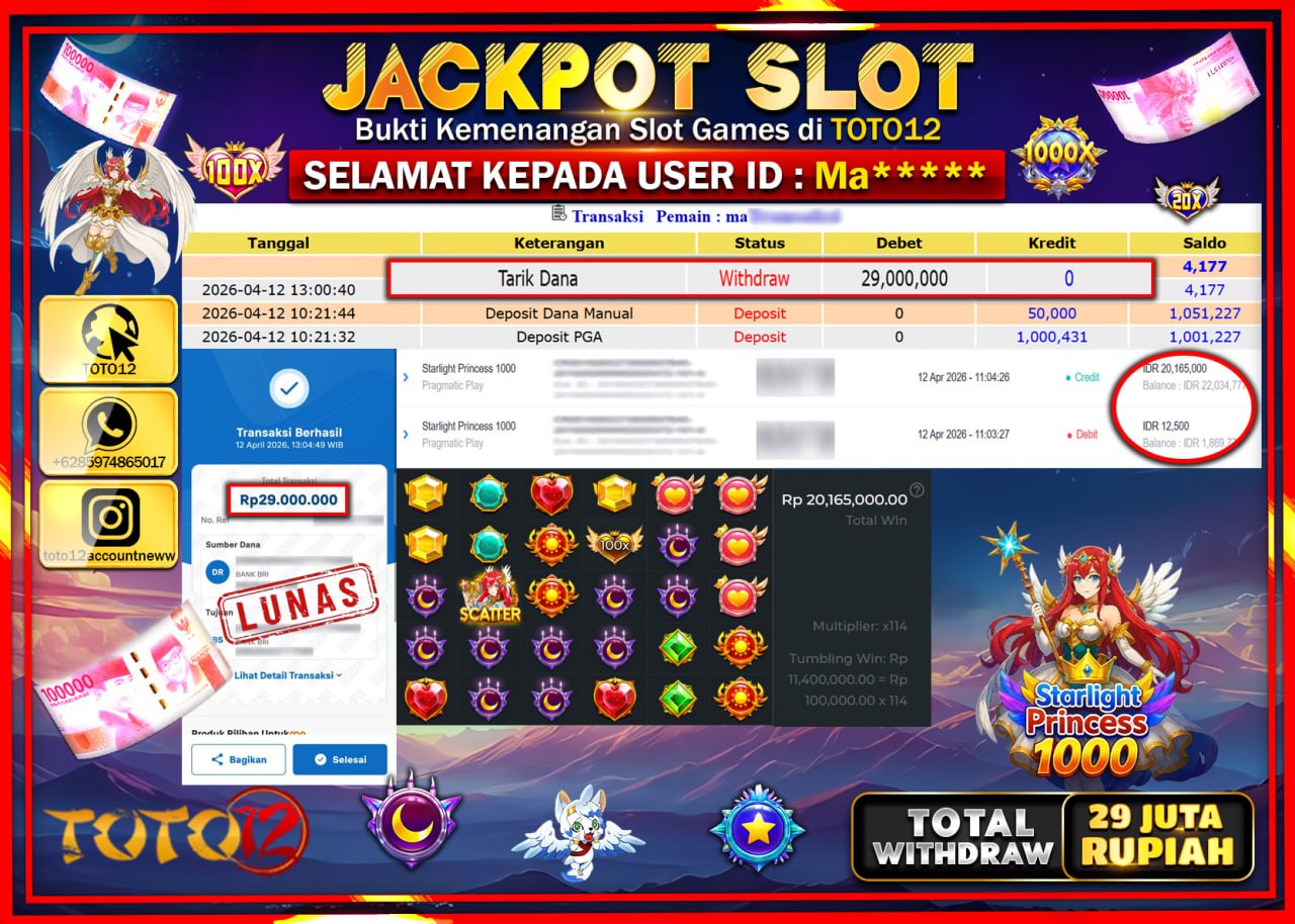 HANYA DI TOTO12 JP PASTI DI BAYAR LUNAS DAN CEPAT!!!!!! JACKPOT SLOT GAME (STARLIGHT PRINCESS 1000) Rp.29.000.000!!!!