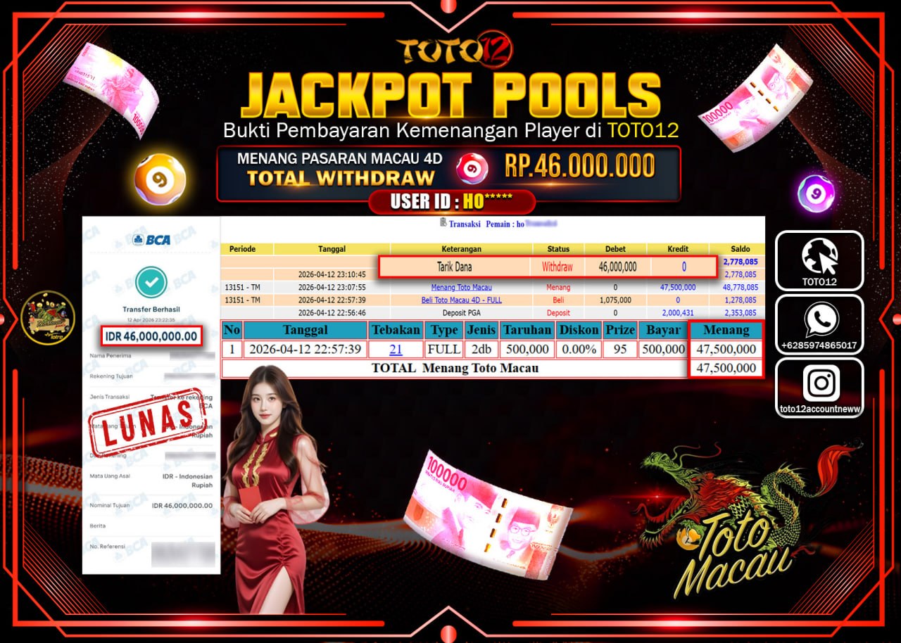 HANYA DI TOTO12 JP PASTI DI BAYAR LUNAS DAN CEPAT!!!!!! JACKPOT POOLS PASARAN(MACAU 4D) Rp.46.000.000!!!!
