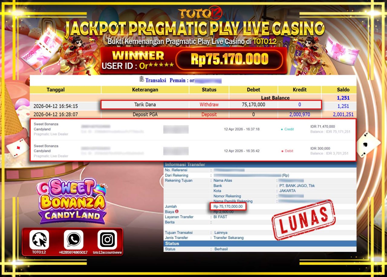 HANYA DI TOTO12 JP PASTI DI BAYAR LUNAS DAN CEPAT!!!!!! JACKPOT PRAGMATIC PLAY LIVE GAME CASINO (SWEET BONANZA CANDYLAND) Rp.75.170.000!!!!