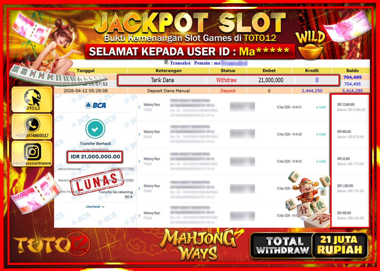 HANYA DI TOTO12 JP PASTI DI BAYAR LUNAS DAN CEPAT!!!!!! JACKPOT SLOT GAME (MAHJONG WAYS) Rp.21.000.000!!!!