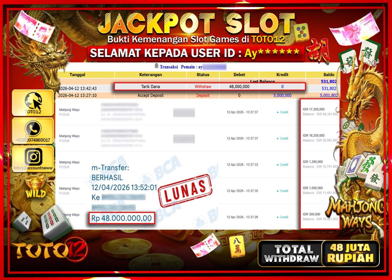 HANYA DI TOTO12 JP PASTI DI BAYAR LUNAS DAN CEPAT!!!!!! JACKPOT SLOT GAME (MAHJONG WAYS) Rp.48.000.000!!!!