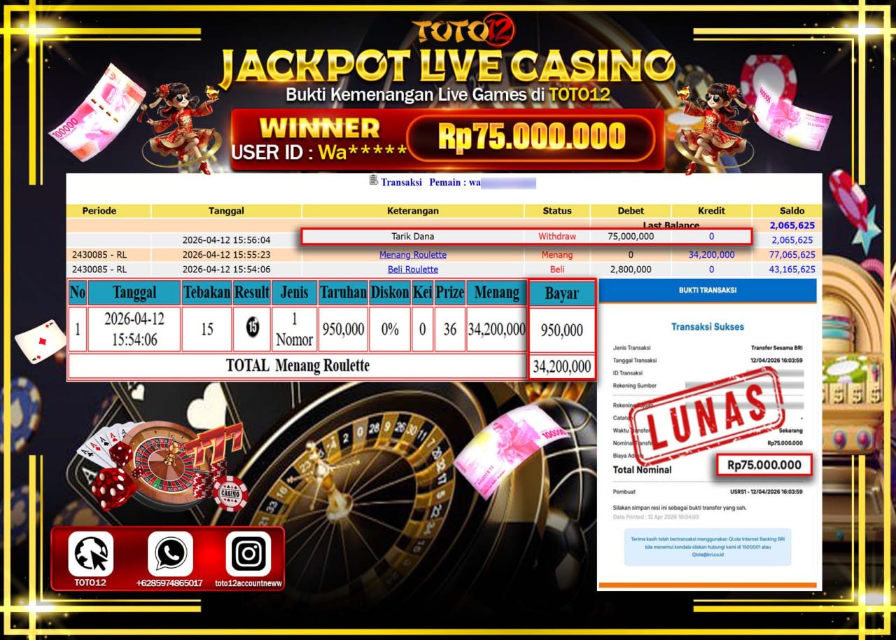 HANYA DI TOTO12 JP PASTI DI BAYAR LUNAS DAN CEPAT!!!!!! JACKPOT LIVE GAMES CASINO (ROULETTE) Rp.75.000.000!!!!
