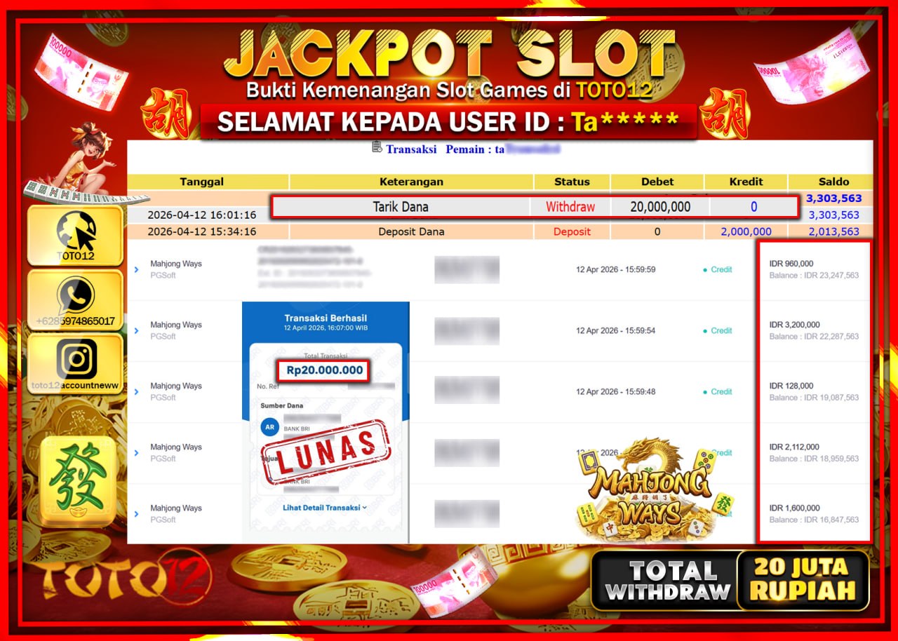 HANYA DI TOTO12 JP PASTI DI BAYAR LUNAS DAN CEPAT!!!!!! JACKPOT SLOT GAME (MAHJONG WAYS) Rp.20.000.000!!!!