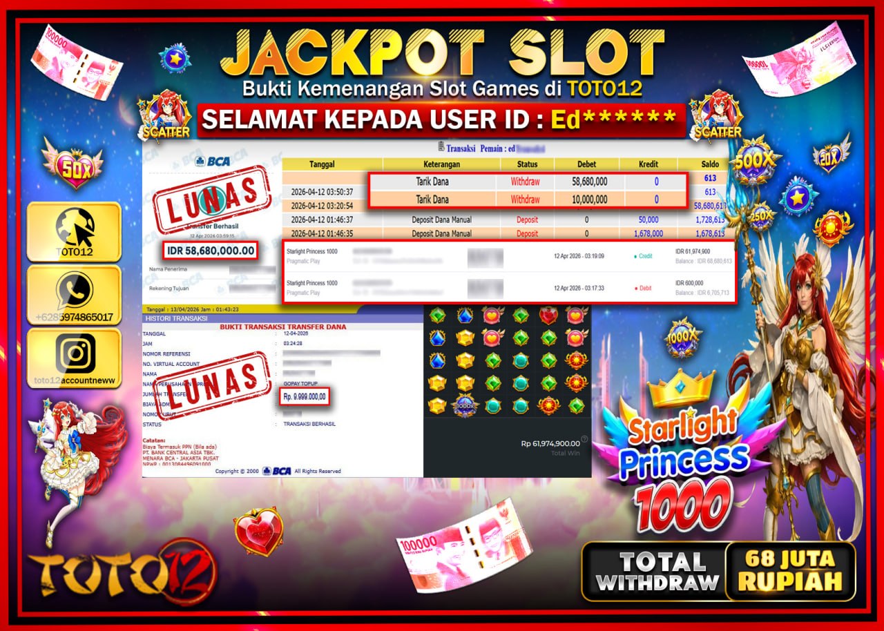 HANYA DI TOTO12 JP PASTI DI BAYAR LUNAS DAN CEPAT!!!!!! JACKPOT SLOT GAME (STARLIGHT PRINCESS 1000) Rp.68.680.000!!!!