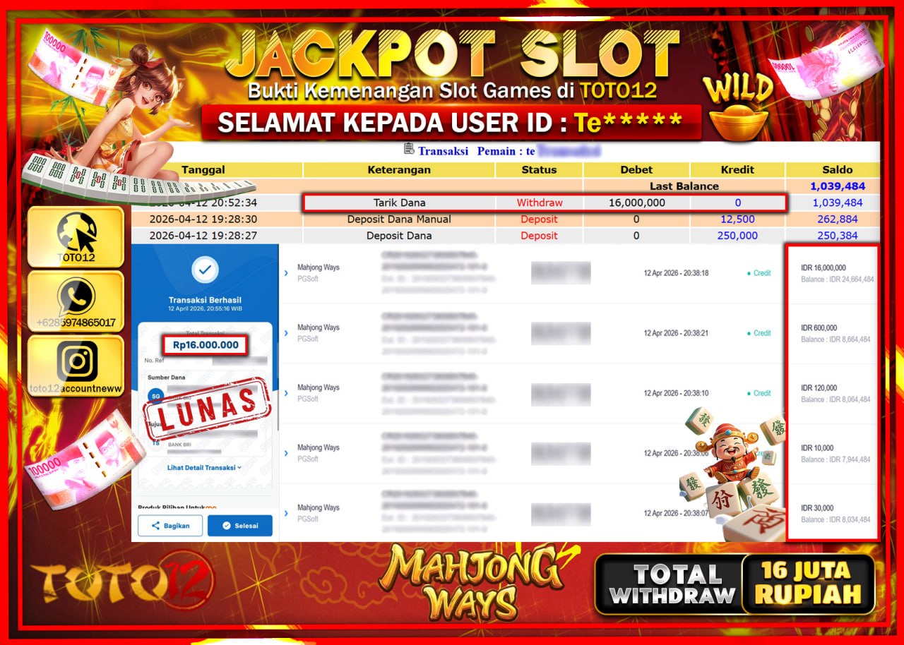 HANYA DI TOTO12 JP PASTI DI BAYAR LUNAS DAN CEPAT!!!!!! JACKPOT SLOT GAME (MAHJONG WAYS) Rp.16.000.000!!!!