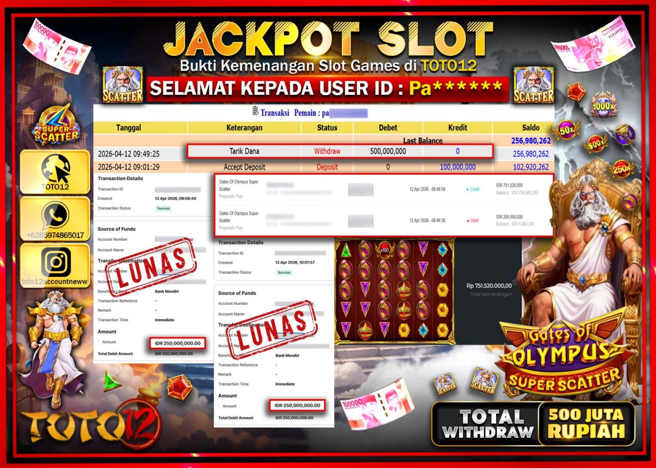HANYA DI TOTO12 JP PASTI DI BAYAR LUNAS DAN CEPAT!!!!!! JACKPOT SLOT GAME (GATES OF OLYMPUS SUPER SCATTER) Rp.500.000.000!!!!