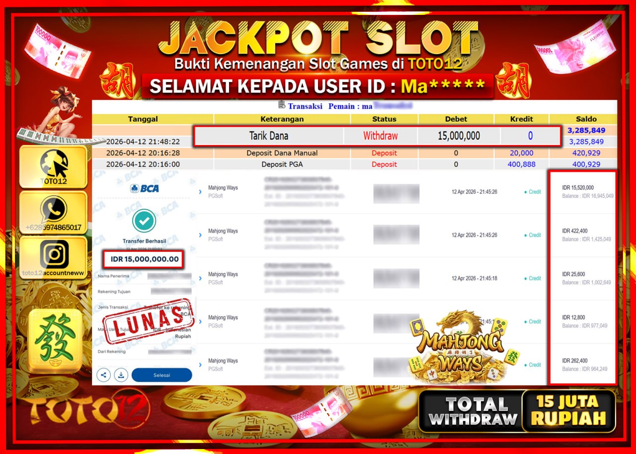 HANYA DI TOTO12 JP PASTI DI BAYAR LUNAS DAN CEPAT!!!!!! JACKPOT SLOT GAME (MAHJONG WAYS) Rp.15.000.000!!!!