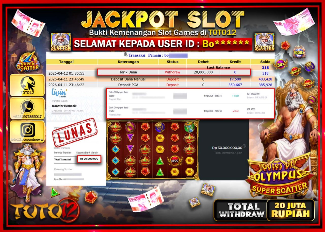 HANYA DI TOTO12 JP PASTI DI BAYAR LUNAS DAN CEPAT!!!!!! JACKPOT SLOT GAME (GATES OF OLYMPUS SUPER SCATTER) Rp.20.000.000!!!!