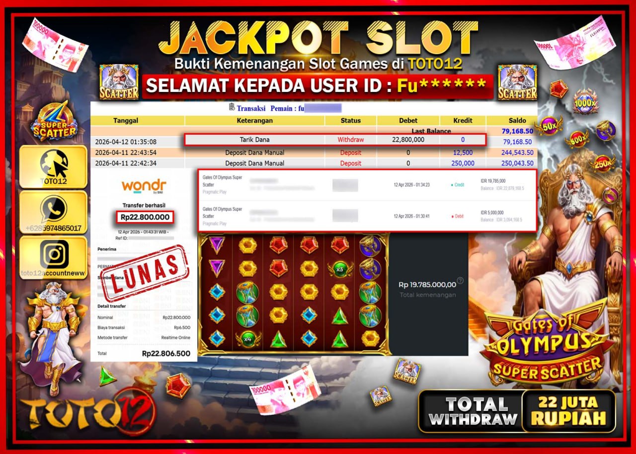 HANYA DI TOTO12 JP PASTI DI BAYAR LUNAS DAN CEPAT!!!!!! JACKPOT SLOT GAME (GATES OF OLYMPUS SUPER SCATTER) Rp.22.800.000!!!!