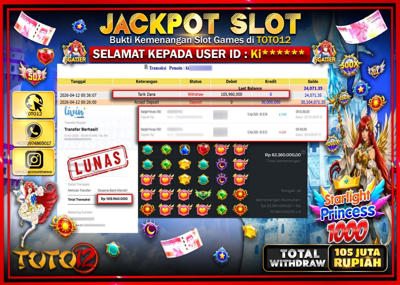 HANYA DI TOTO12 JP PASTI DI BAYAR LUNAS DAN CEPAT!!!!!! JACKPOT SLOT GAME (STARLIGHT PRINCESS 1000) Rp.105.960.000!!!!