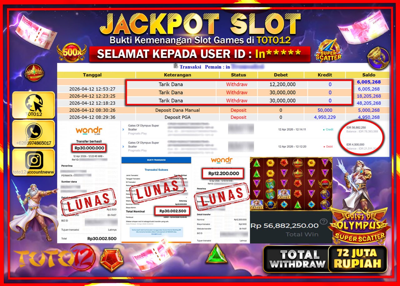 HANYA DI TOTO12 JP PASTI DI BAYAR LUNAS DAN CEPAT!!!!!! JACKPOT SLOT GAME (GATES OF OLYMPUS SUPER SCATTER) Rp.72.200.000!!!!