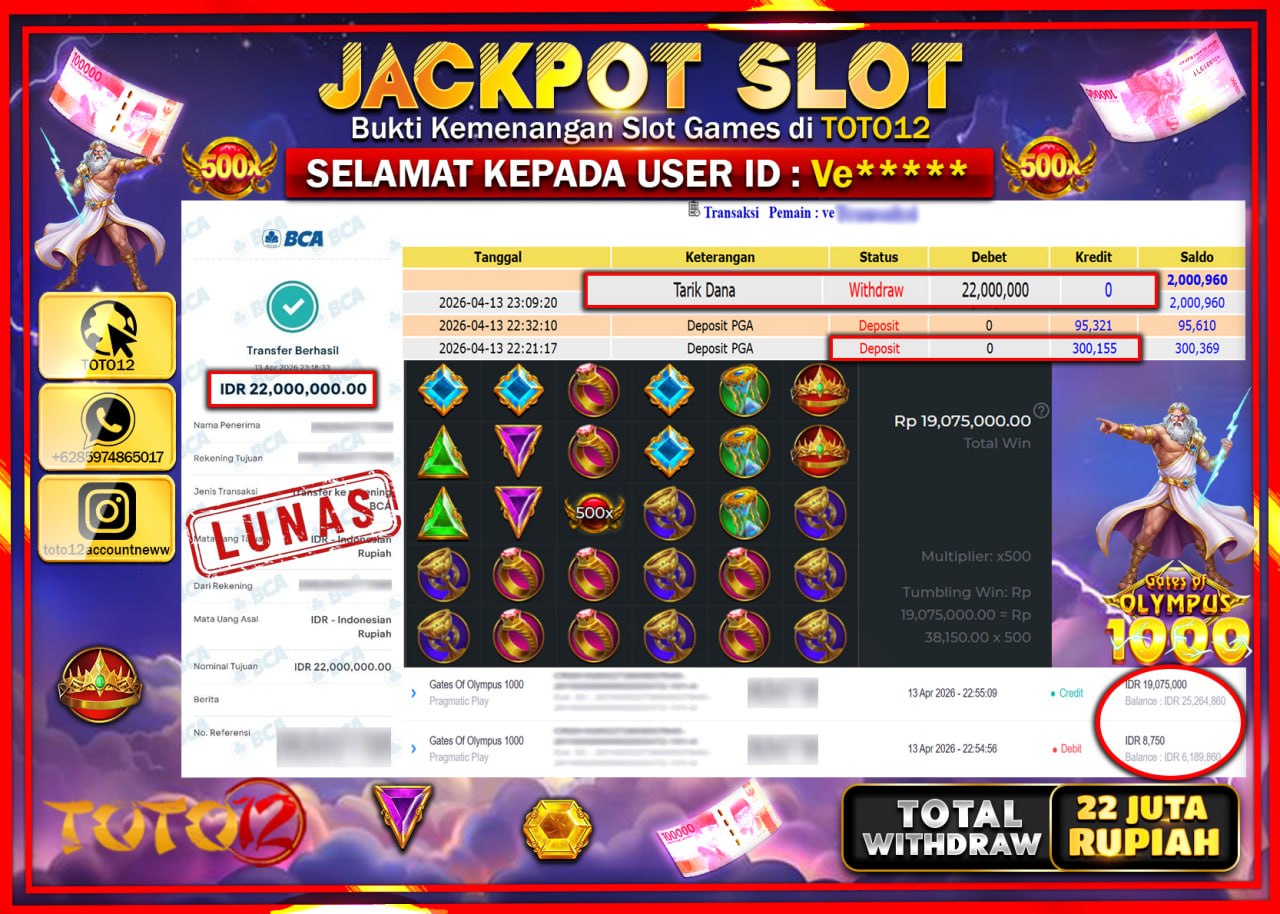 HANYA DI TOTO12 JP PASTI DI BAYAR LUNAS DAN CEPAT!!!!!! JACKPOT SLOT GAME (GATES OF OLYMPUS 1000) Rp.22.000.000!!!!