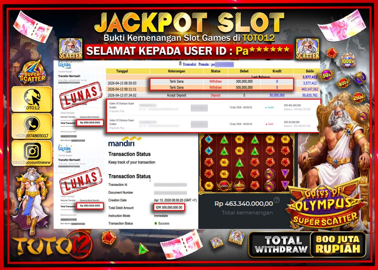 HANYA DI TOTO12 JP PASTI DI BAYAR LUNAS DAN CEPAT!!!!!! JACKPOT SLOT GAME (GATES OF OLYMPUS SUPER SCATTER) Rp.800.000.000!!!!