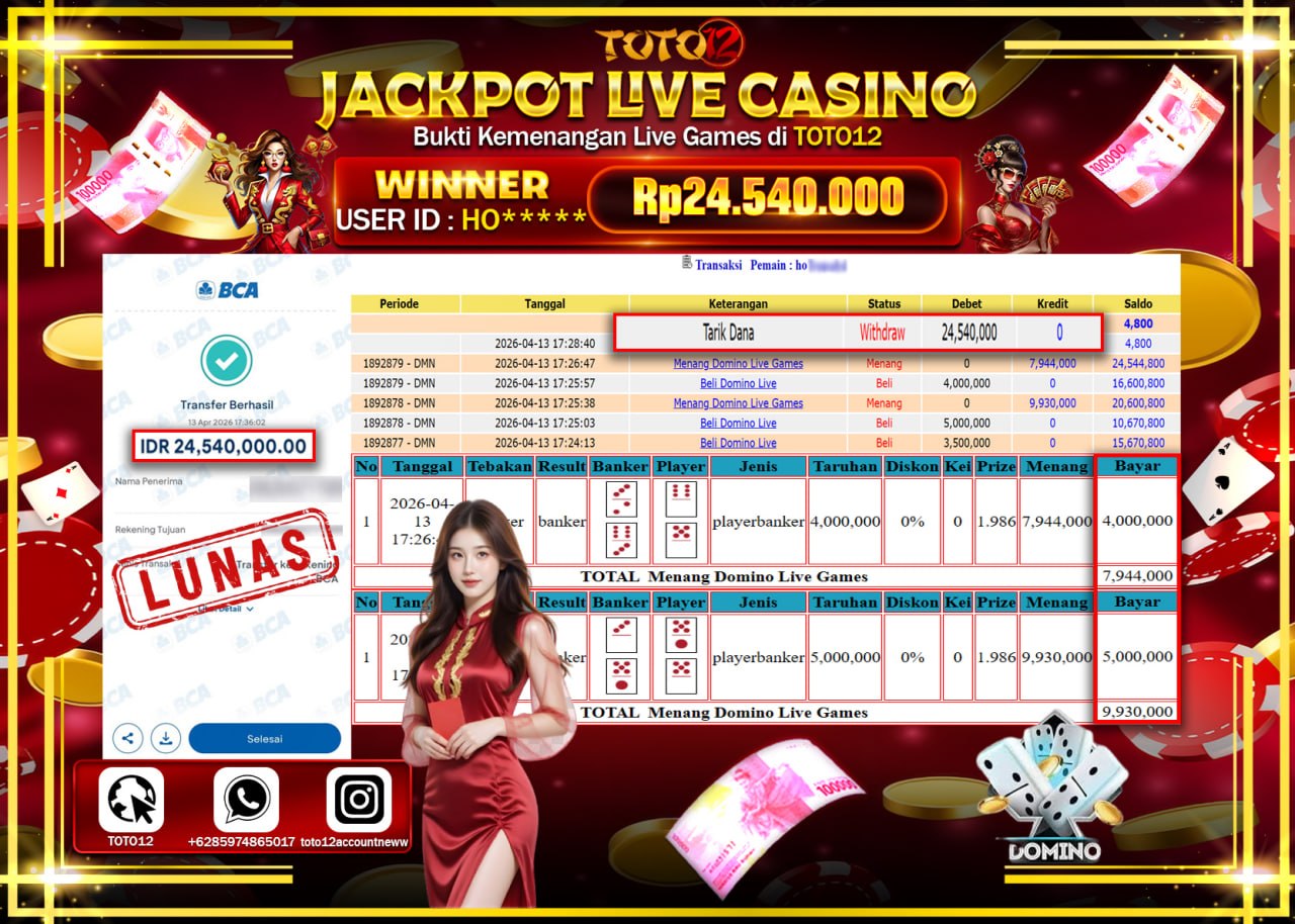HANYA DI TOTO12 JP PASTI DI BAYAR LUNAS DAN CEPAT!!!!!! JACKPOT LIVE GAMES CASINO (DOMINO LIVE) Rp.24.540.000!!!!