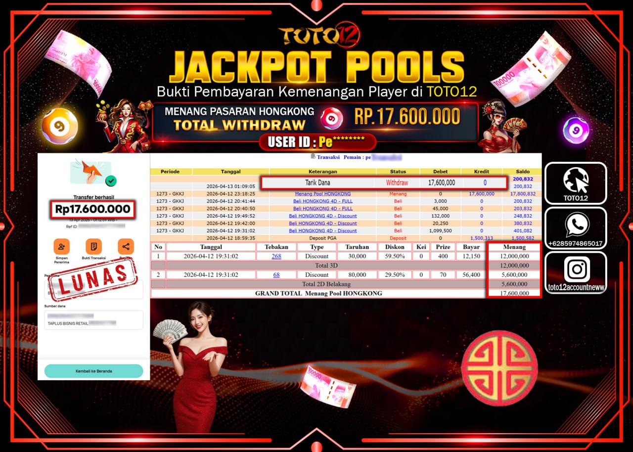 HANYA DI TOTO12 JP PASTI DI BAYAR LUNAS DAN CEPAT!!!!!! JACKPOT POOLS PASARAN( HONGKONG ) Rp.17.600.000!!!!
