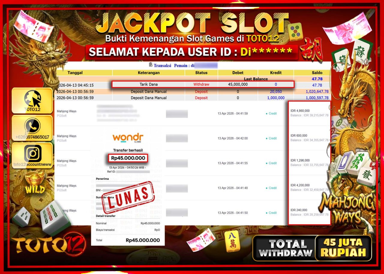 HANYA DI TOTO12 JP PASTI DI BAYAR LUNAS DAN CEPAT!!!!!! JACKPOT SLOT GAME (MAHJONG WAYS) Rp.45.000.000!!!!