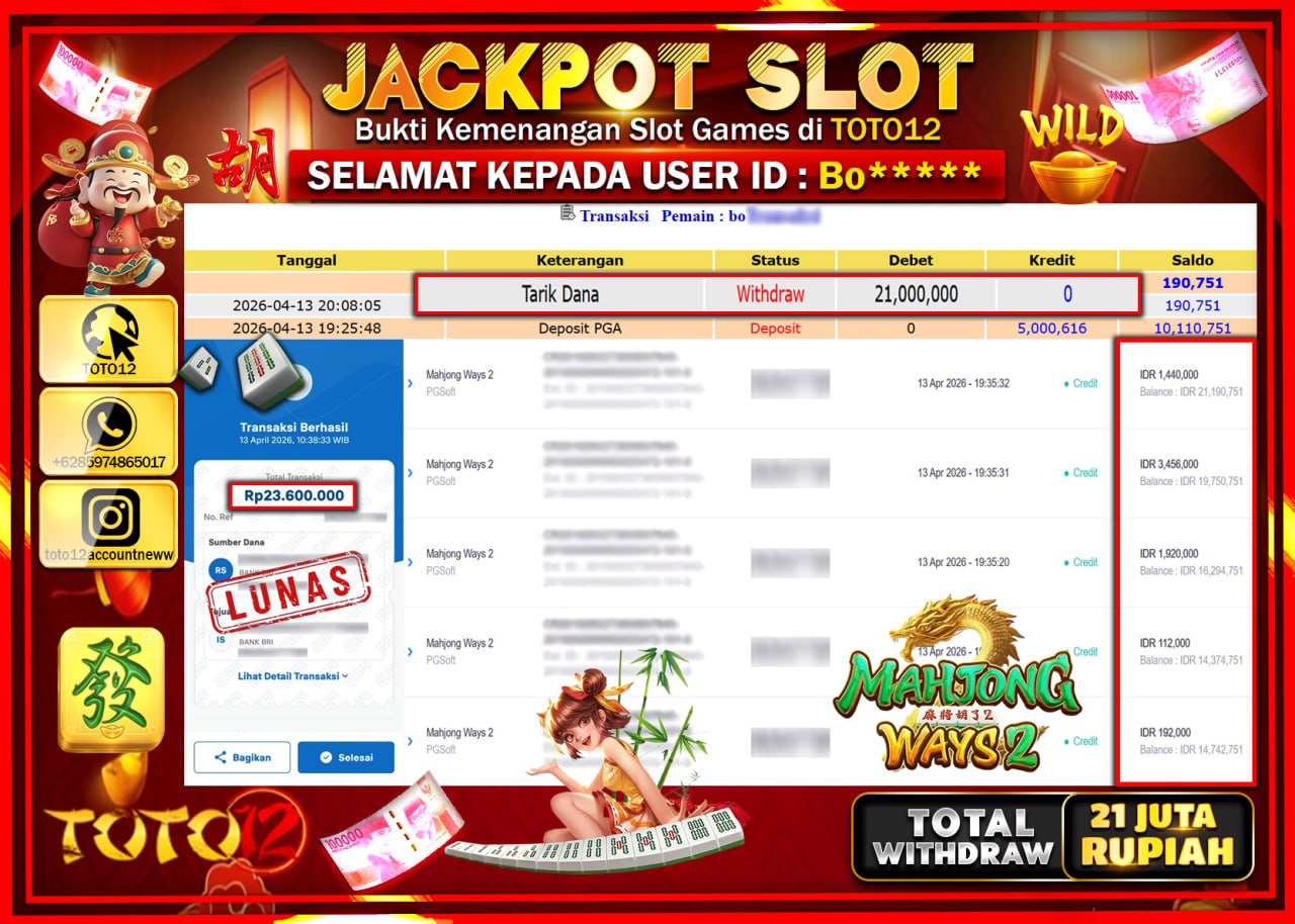 HANYA DI TOTO12 JP PASTI DI BAYAR LUNAS DAN CEPAT!!!!!! JACKPOT SLOT GAME (MAHJONG WAYS 2) Rp.21.000.000!!!!