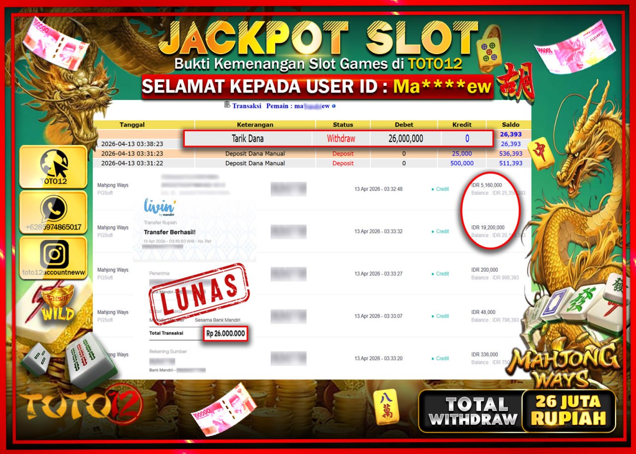 HANYA DI TOTO12 JP PASTI DI BAYAR LUNAS DAN CEPAT!!!!!! JACKPOT SLOT GAME (MAHJONG WAYS) Rp.26.000.000!!!!