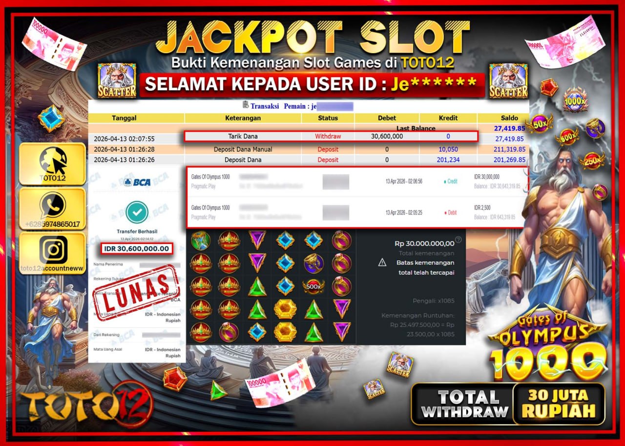 HANYA DI TOTO12 JP PASTI DI BAYAR LUNAS DAN CEPAT!!!!!! JACKPOT SLOT GAME (GATES OF OLYMPUS 1000) Rp.30.600.000!!!!