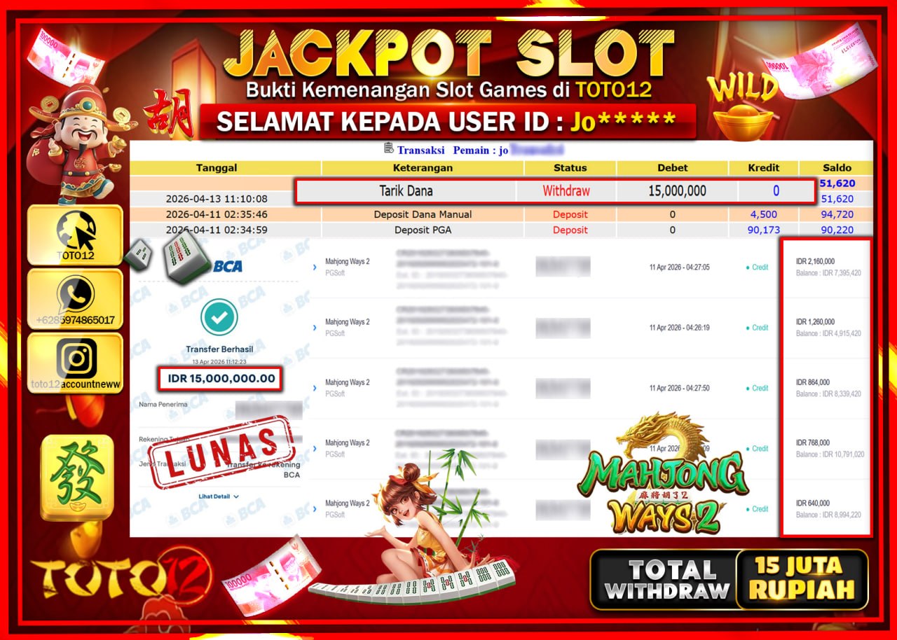 HANYA DI TOTO12 JP PASTI DI BAYAR LUNAS DAN CEPAT!!!!!! JACKPOT SLOT GAME (MAHJONG WAYS 2) Rp.15.000.000!!!!