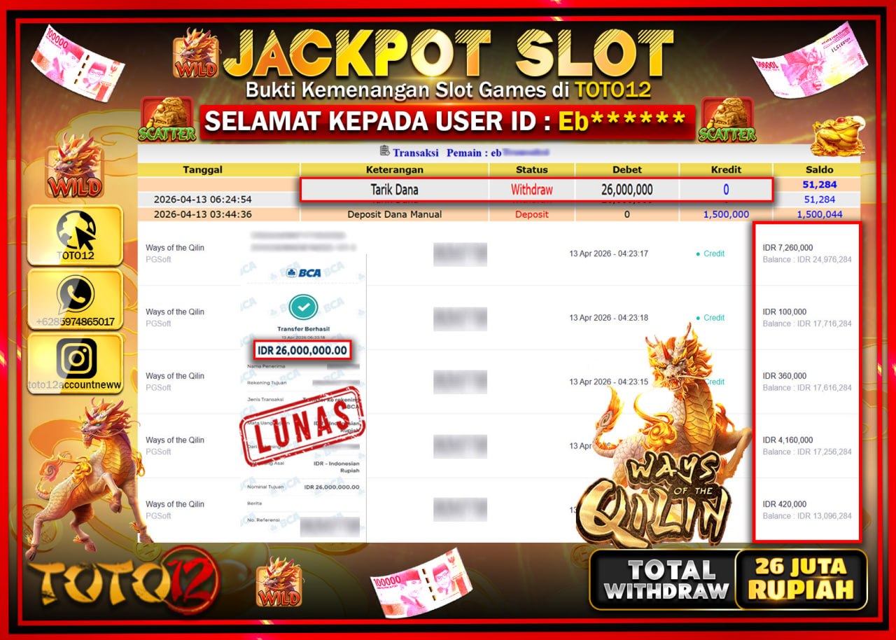 HANYA DI TOTO12 JP PASTI DI BAYAR LUNAS DAN CEPAT!!!!!! JACKPOT SLOT GAME (WAYS OF THE QILIH) Rp.26.000.000!!!!