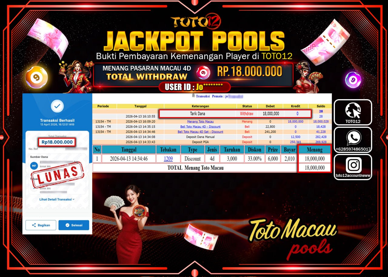 HANYA DI TOTO12 JP PASTI DI BAYAR LUNAS DAN CEPAT!!!!!! JACKPOT POOLS PASARAN(MACAU 4D) Rp.18.000.000!!!!