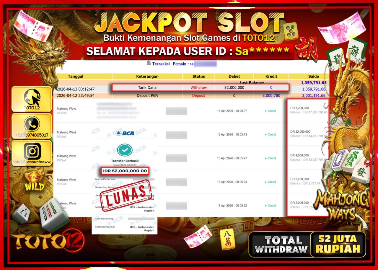 HANYA DI TOTO12 JP PASTI DI BAYAR LUNAS DAN CEPAT!!!!!! JACKPOT SLOT GAME (MAHJONG WAYS) Rp.52.000.000!!!!