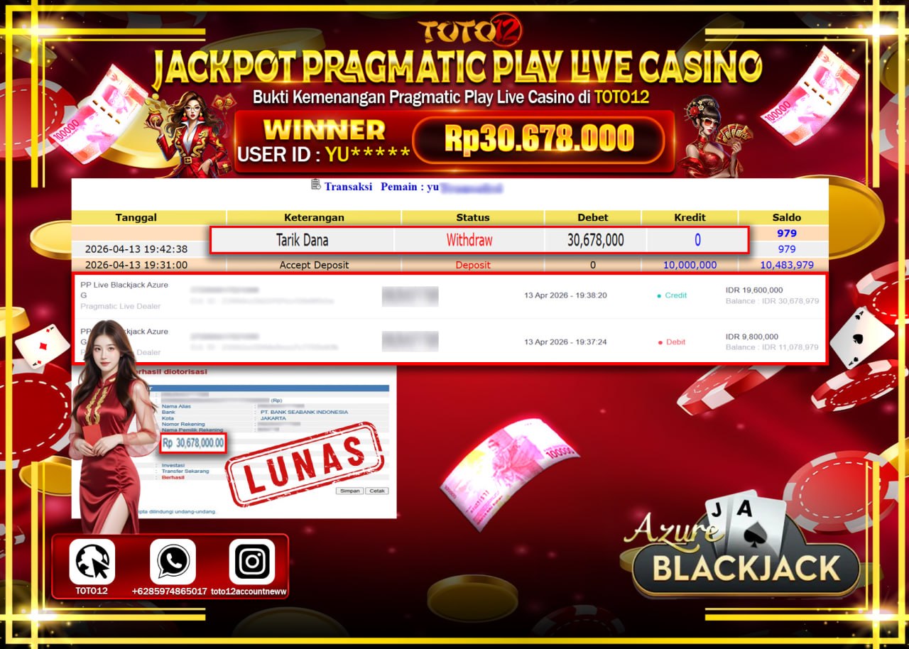 HANYA DI TOTO12 JP PASTI DI BAYAR LUNAS DAN CEPAT!!!!!! JACKPOT PRAGMATIC PLAY LIVE GAME CASINO (PP LIVE BLACKJACK AZURE) Rp.30.678.000!!!!