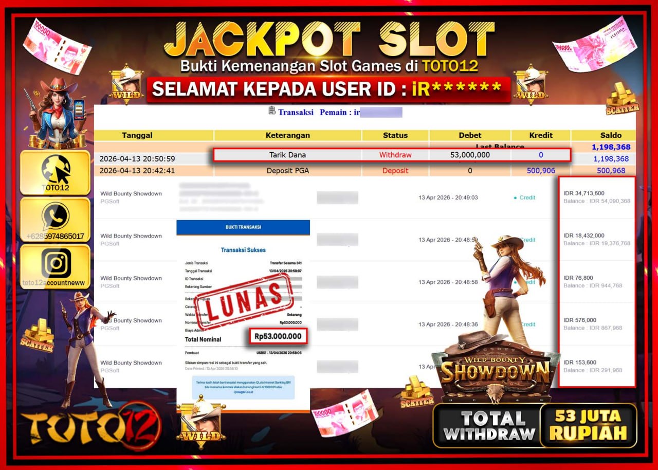 HANYA DI TOTO12 JP PASTI DI BAYAR LUNAS DAN CEPAT!!!!!! JACKPOT SLOT GAME (WILD BOUNTY) Rp.53.000.000!!!!