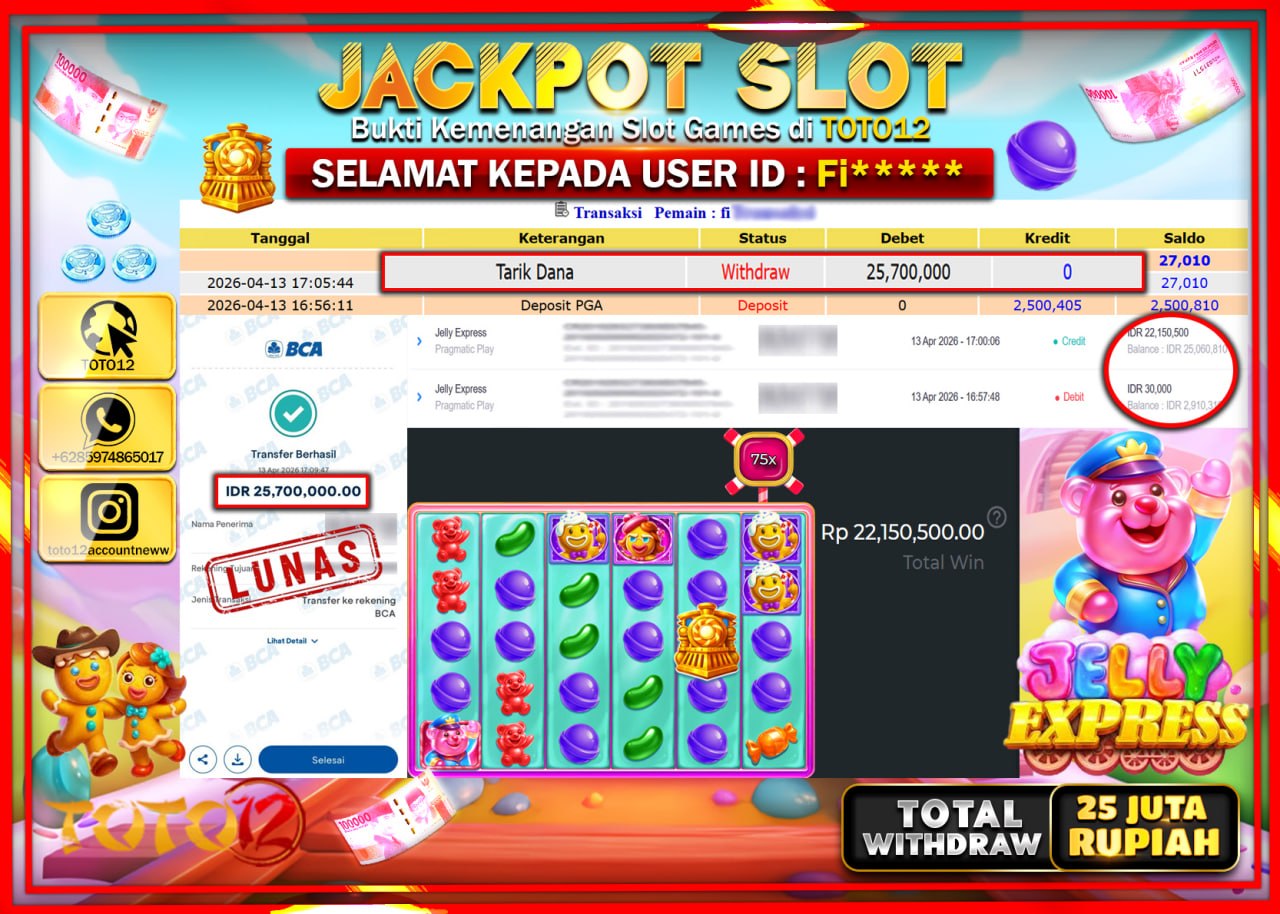 HANYA DI TOTO12 JP PASTI DI BAYAR LUNAS DAN CEPAT!!!!!! JACKPOT SLOT GAME (JELLY EXPRESS) Rp.25.700.000!!!!