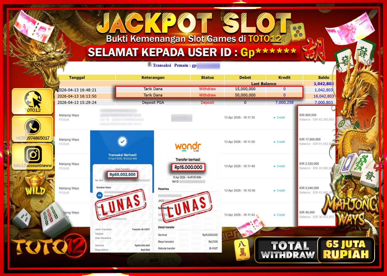 HANYA DI TOTO12 JP PASTI DI BAYAR LUNAS DAN CEPAT!!!!!! JACKPOT SLOT GAME (MAHJONG WAYS) Rp.65.000.000!!!!