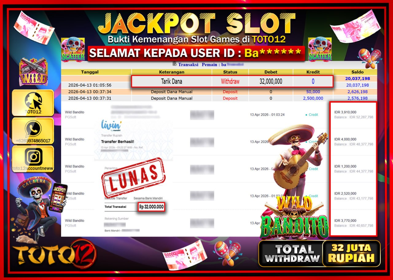 HANYA DI TOTO12 JP PASTI DI BAYAR LUNAS DAN CEPAT!!!!!! JACKPOT SLOT GAME (WILD BANDITO) Rp.32.000.000!!!!