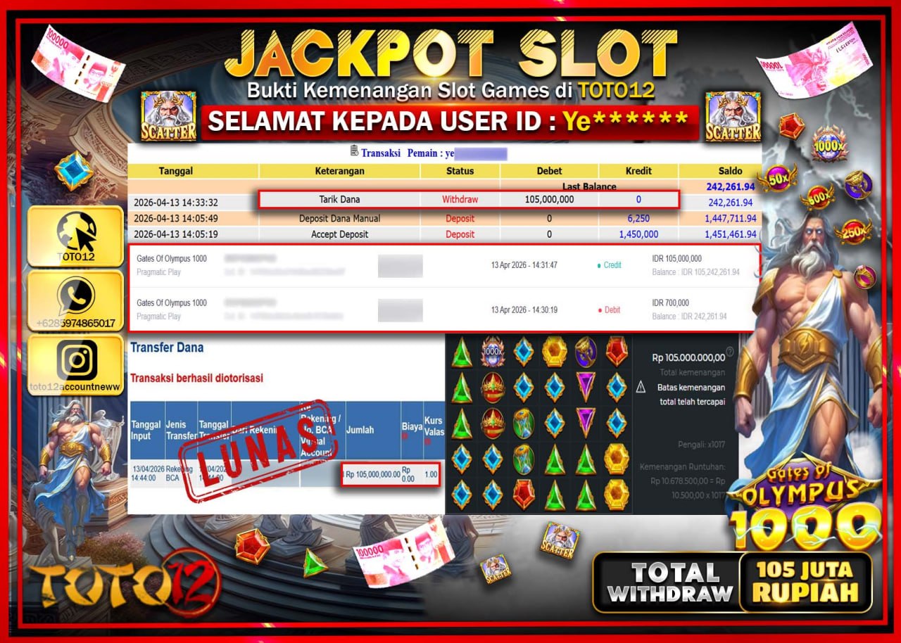 HANYA DI TOTO12 JP PASTI DI BAYAR LUNAS DAN CEPAT!!!!!! JACKPOT SLOT GAME (GATES OF OLYMPUS 1000) Rp.105.000.000!!!!